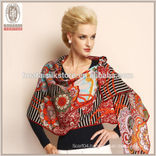 Bright flower and stripe design %100 wool printed wide shawl